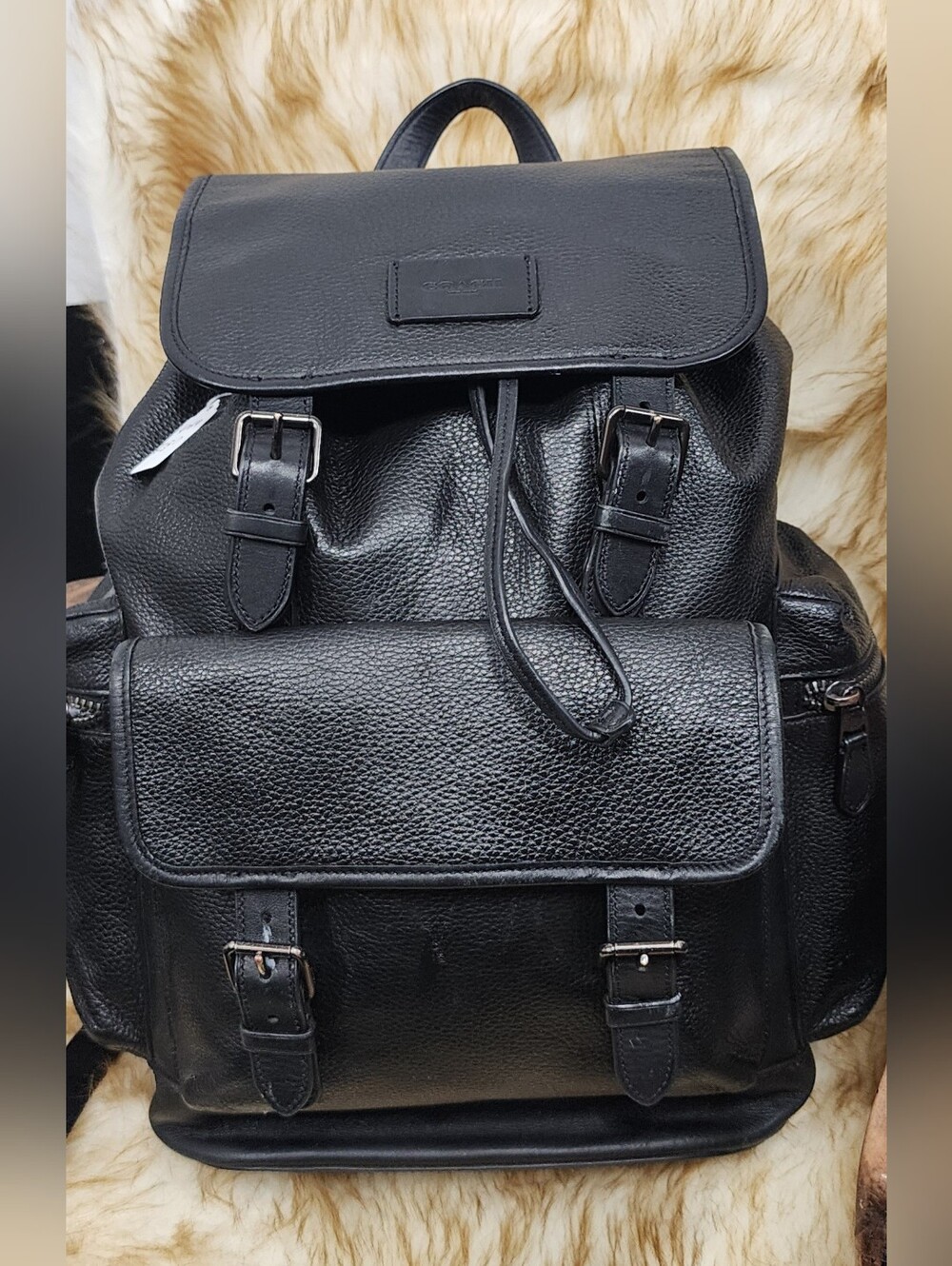 Coach Black Pebbled Leather Backpack with Buckle Front